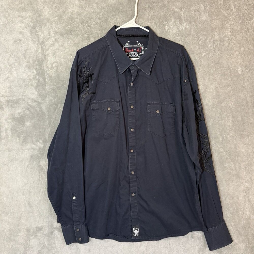 Rock 47 Men Black Western Embroidered Shirt 2XL Pearl Snap XXL Cowboy Rockabilly